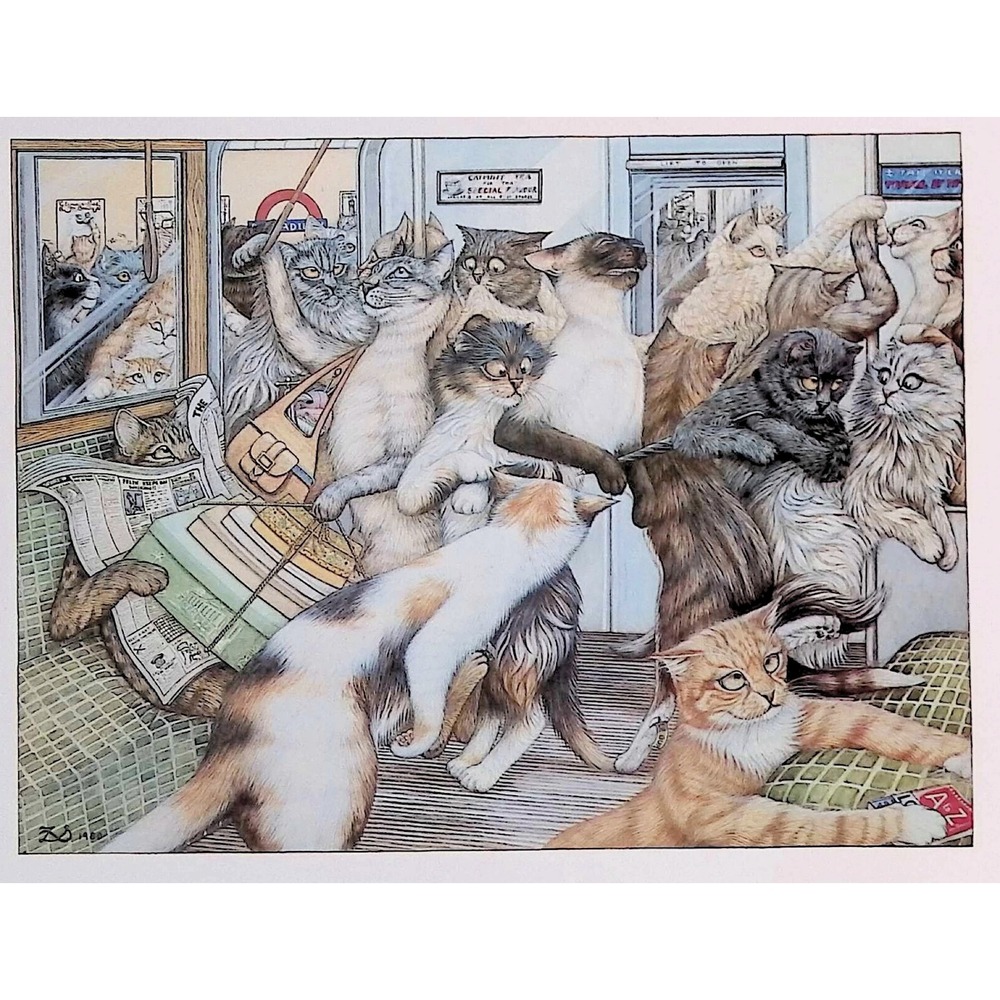 1982 Zoe Stokes Crowded Subway Train Cats Vintage Book Print Funny Feline Art
